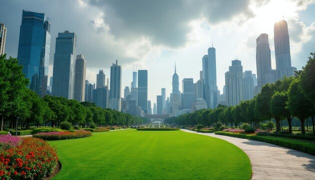 Rich green city park with manicured lawns and flowerbeds sits before a dense cluster of modern skyscrapers. Trees line pathways in this urban oasis under a cloudy sky. A serene escape offers calm.