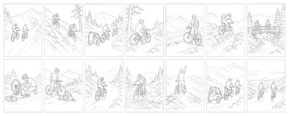 Obraz premium Mountain bikers enjoying scenic trails and challenging terrains in a series of illustrations