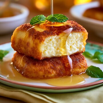Traditional seada sarda fried pastry with dripping honey and mint