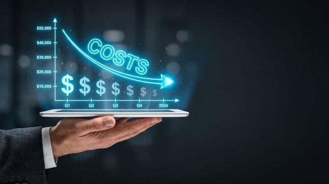 Reducing Costs with Technology: A businessman's hand holds a tablet displaying a glowing neon graph indicating a sharp decrease in costs, visualized by dollar signs and a downward arrow.