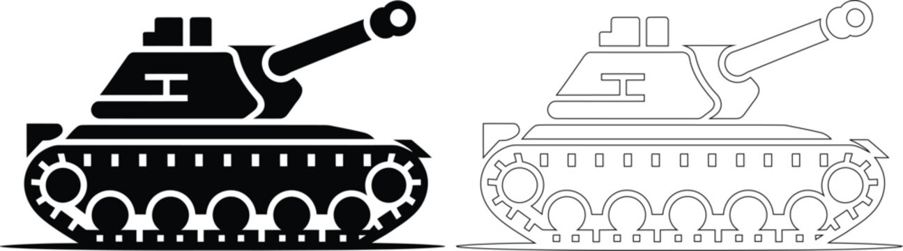Military tank icon vector illustration with cannon and track drive system military conflict security pictogram illustration isolated transport