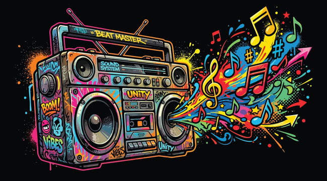 Colorful graffiti style boombox with musical notes and vibrant paint splashes