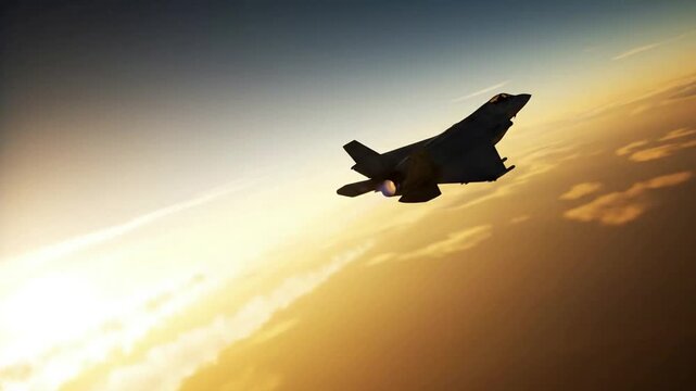 Fighter jet flying through sunset sky with clouds