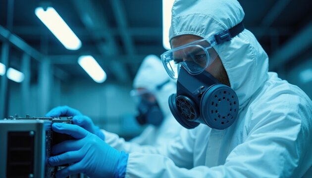 Worker wears protective gear, mask, and goggles. Professional handles equipment inside industrial facility with blue lighting. Safety first in hazardous environment.