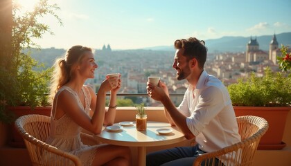 Fototapeta premium Couple on balcony with coffee, city view. They smile, talk, enjoy warm morning light. Woman wears lace dress, man white shirt. Green plants add freshness.