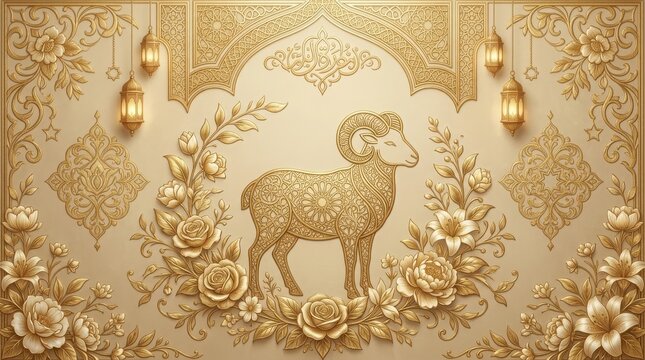 Ram with ornate floral patterns in golden vintage style with warm ambient lighting for Islamic celebrations.