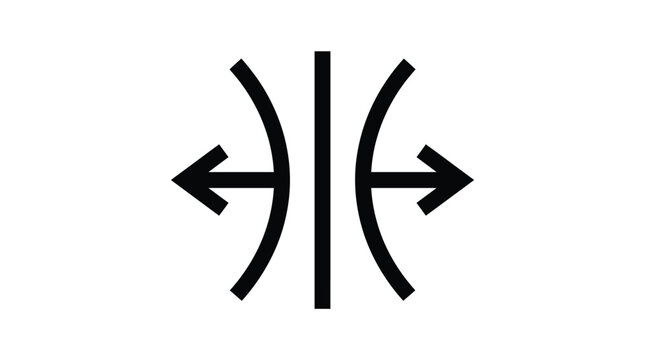 Minimalist black graphic symbol featuring a central vertical line flanked by two curved arrow shapes pointing outward representing expansion or separation in this clean digital image