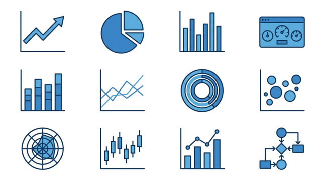 Collection of various financial and business charts and graphs icons.