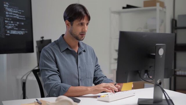 Adult engineer latin man programmer coding AI data software development work
