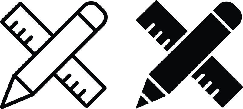 Pencil and ruler icon vector illustration for education tools, creative design projects, and drafting interface applications.