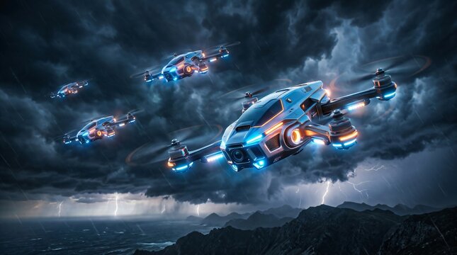 Futuristic flying drone and aircraft squadron navigating through stormy sky with lightning. Advanced aerial technology and automated transport concept. Cinematic sci-fi military operation.