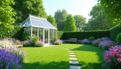Obraz premium Lush green garden with greenhouse, flowering plants, and stone path. Wooden benches offer rest in sunny, manicured outdoor space. Peaceful backyard oasis.