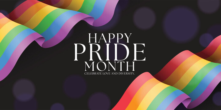 Happy pride month, celebrate love and diversity text on black bokeh light background and waving rainbow lgbtq flag around vector design