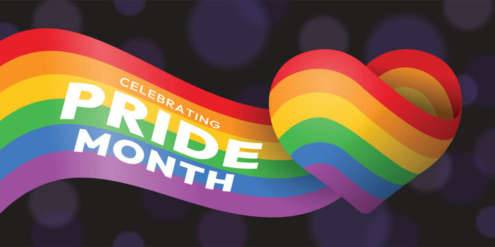 Celebrate pride month - Long waving rainbow lgbtq flag rolling to heart shape on black bokeh light background vector design