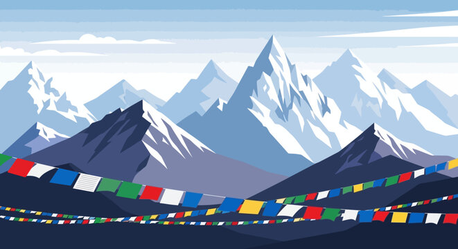 Colorful Tibetan prayer flags fluttering in the wind against a backdrop of majestic snow-capped Himalayan mountains.