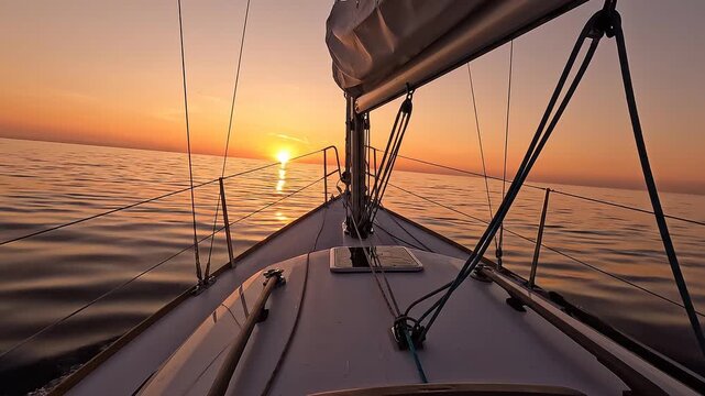 Scenic POV from the bow of sailboat smoothly cutting through calm golden hour ocean water.