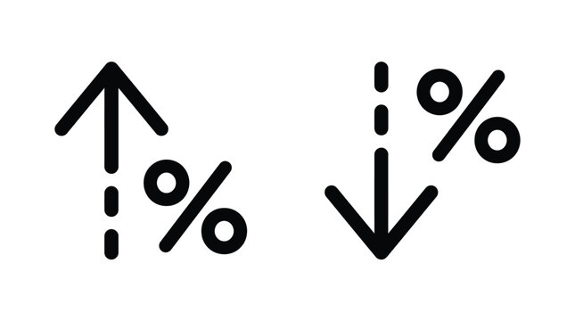Black line art symbols showing a percentage increase arrow pointing up and a percentage decrease arrow pointing down in a clean minimalist style for financial data