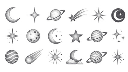 Obraz premium Collection of celestial bodies and cosmic elements in a stippled art style