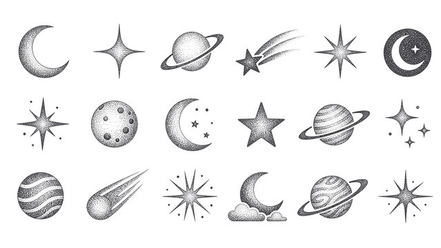 Collection of celestial bodies and cosmic elements in a stippled art style