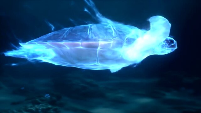 Mystical glowing sea turtle swims in deep blue ocean water.