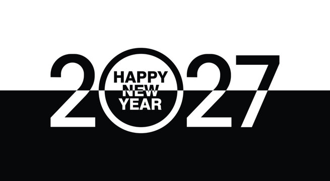 Minimalist happy new year 2027 typography vector illustration with bold numbers and black, white split background
