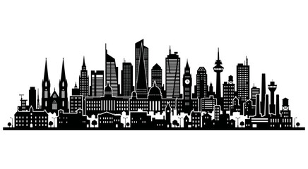 Obraz premium Classic urban skyline silhouette. Graphic silhouette of city skyline featuring church architecture alongside modern skyscrapers and urban towers. Vector illustration.