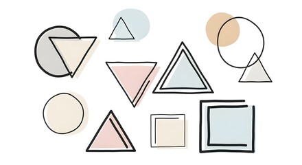 Abstract geometric shapes with soft pastel colors and hand-drawn outlines on a white background