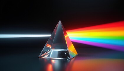 Fototapeta premium Glass prism splits white light into vibrant rainbow spectrum on dark background. Optical science experiment refraction creates colorful bands. Physics, creativity, education, and vision concepts.