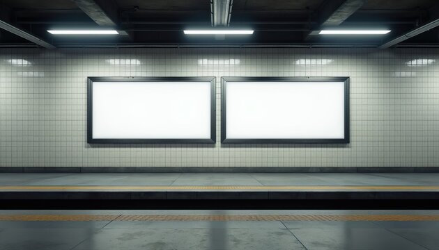 Two empty screens on subway station wall. Modern ads space above train platform. Clean mockups for advertising, public transport info, digital display.