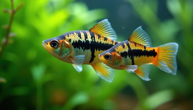 Two bright danio fish swim in aquarium water near green aquatic plants. Small colorful tropical fish explore underwater environment. They have black and gold striped body pattern and orange fins.