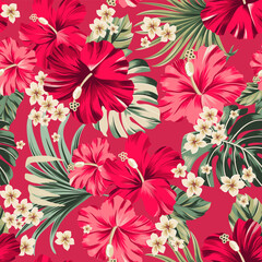 Vector seamless pattern Exotic wallpaper of tropical flowers green leaves of palm trees and flowers bird of paradis, hibiscus pink bright, artwork for fabrics, souvenirs, packaging, greeting cards   © Aglaia