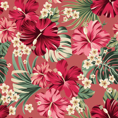 Vector seamless pattern Exotic wallpaper of tropical flowers green leaves of palm trees and flowers bird of paradis, hibiscus, artwork for fabrics, souvenirs, packaging, greeting cards   © Aglaia