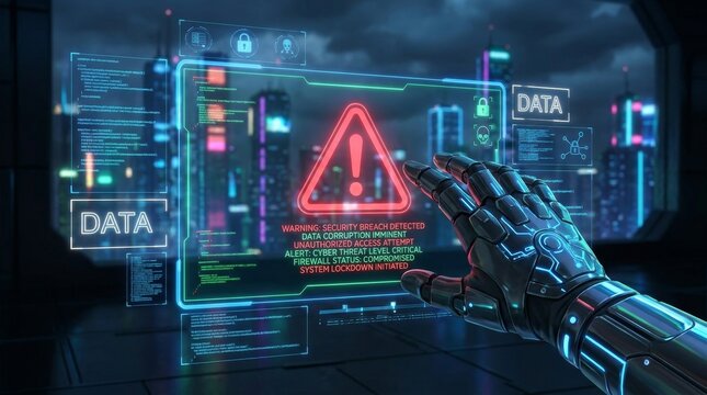 Robot hand interacting with futuristic digital screen showing security breach warning, cyber threat alert and data corruption imminent, cybersecurity concept