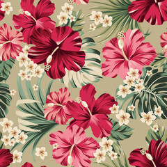 Vector seamless pattern Exotic wallpaper of tropical flowers green leaves of palm trees and flowers bird of paradis, hibiscus, artwork for fabrics, souvenirs, packaging, greeting cards   © Aglaia
