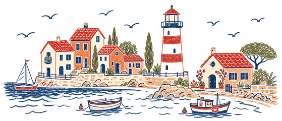 Charming coastal village scene with lighthouse and boats in the water