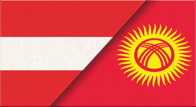 Double flag of Austria and Kyrgyzstan on fabric texture. 3D illustration