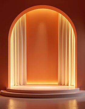 Minimalist arch stage with cream curtains. Warm orange light illuminates empty circular platform for performance or presentation. Modern interior design offers clean backdrop for events.