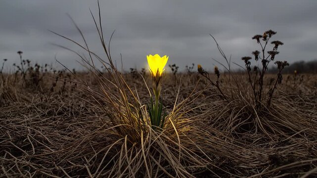 Field of dead brown grass with one single glowing yellow flower standing perfectly resilient tall