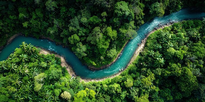 Aerial view of winding river flowing through dense rainforest, vibrant natural colors, realistic drone photography