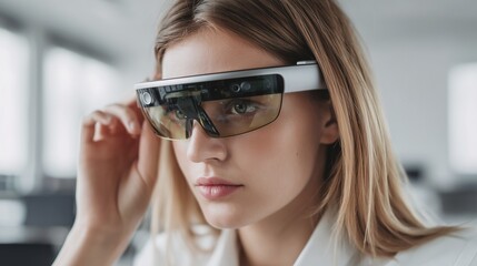 Naklejka premium Professional woman using augmented reality glasses during virtual business meeting, sleek modern office, ultra realistic lighting