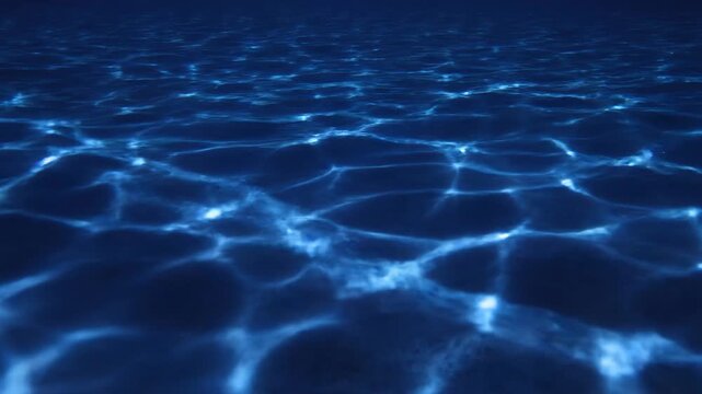 Deep sea bioluminescence glowing with blue ripples in pitch black ocean water ethereal nature footage.