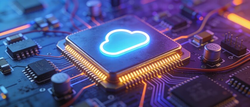 Digital cloud icon glowing on a computer circuit board, representing cloud computing and data storage
