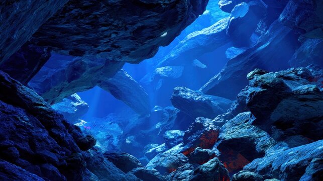 Submerged cavern entrance features deep blue water and imposing rock formations illuminated by faint light shafts.
