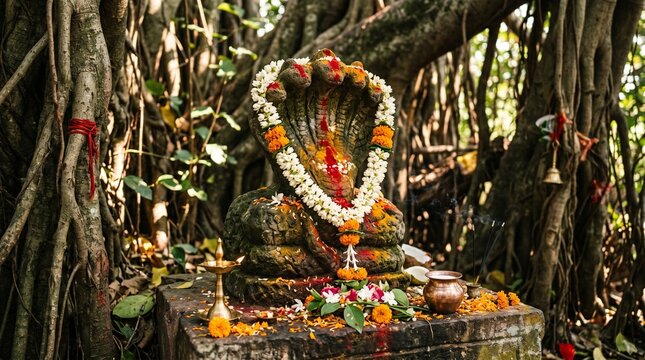 Ancient Stone Snake Deity Nag Devta Sculpted Idol Under Sacred Banyan Tree Adorned with Vermilion for Nag Panchami Hindu Festival Worship