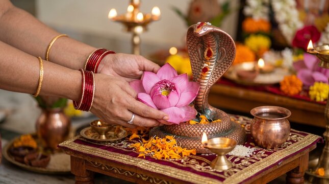 Devotee hands offering a pink lotus flower to a ritualistic copper snake idol during Nag Panchami festival, detailed close-up of Indian religious worship