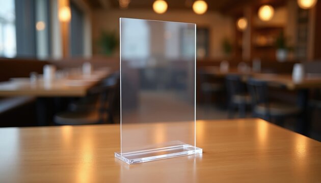 Empty clear acrylic menu holder sits on light wood table in restaurant. Blurred tables chairs background, warm lights create cozy atmosphere. Perfect for displaying specials or offers.