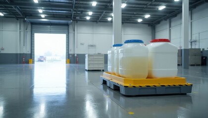 Obraz premium Large industrial warehouse with containers on spill containment pallet. Bright interior lighting with open bay door. Forklift outside on misty day. Safety measures storage.
