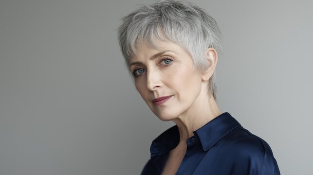Silver Feathered Bixie Haircut on Older Woman