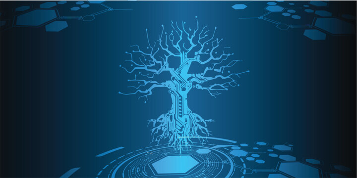 Digital tree of life with circuit board patterns and technology elements