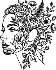 Beautiful woman profile portrait with floral hair vector illustration for laser cutting coloring page and vinyl decal design © MdJahid